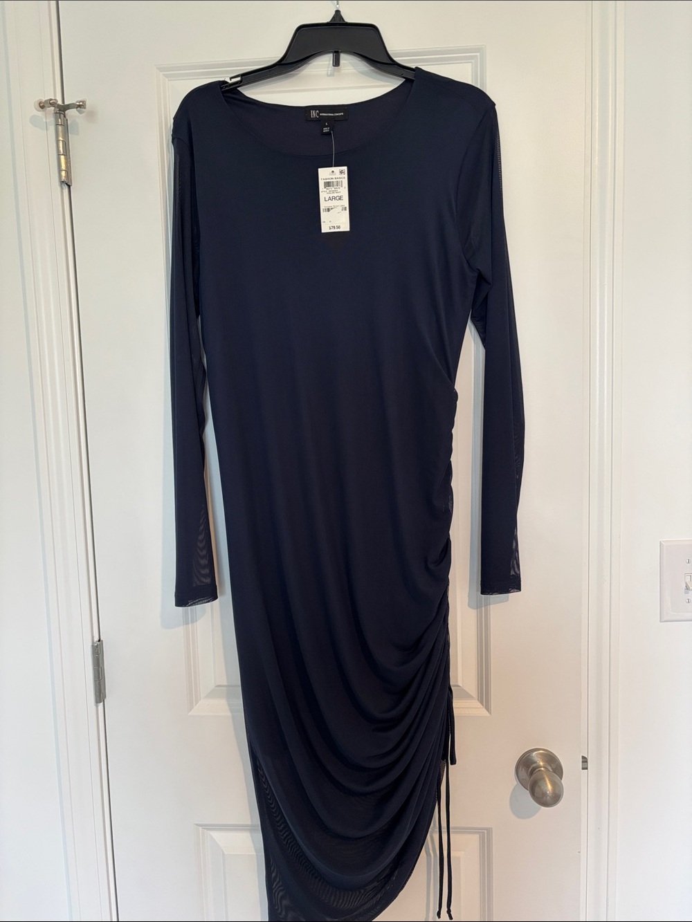 INC International Concepts Navy Long-Sleeve Ruched Asymmetric Midi Dress